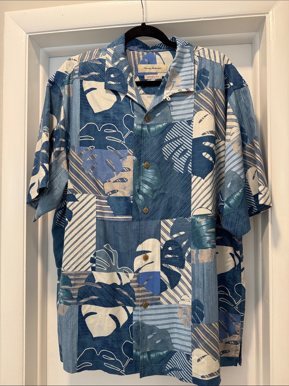 Tommy Bahama Blue Patchwork Palm Print Camp Shirt
